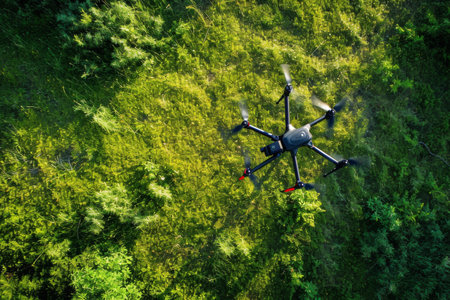 Aerial View of Forest With Small drone in the Middleの素材