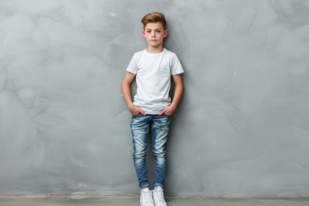 Young Boy Leaning Against Wall With Hands in Pocketsの素材