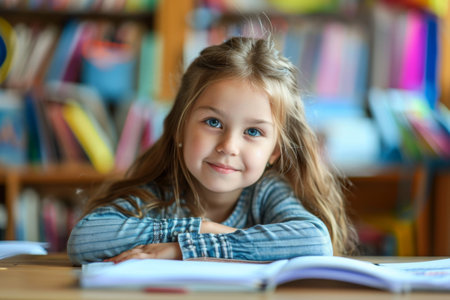 Little Girl Sitting at Desk With Book, Studying and Learning Educationの素材