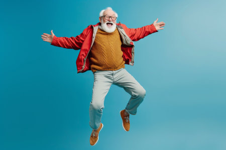 Man in Red Jacket Jumping in the Airの素材