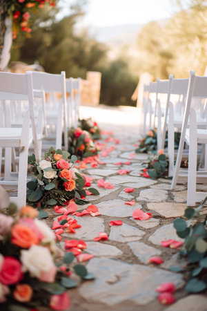 Row of White Chairs on Stone Walkway, Neat, Simple Seating Arrangement for Outdoor Eventsの素材