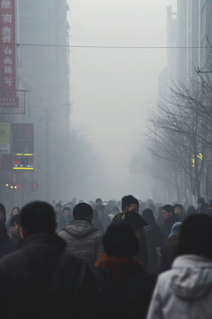 Crowd Walking Along Street by Tall Buildings in Busy City Hubの素材
