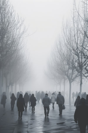 Group of People Walking Down a Foggy Street on a Chilly Morningの素材