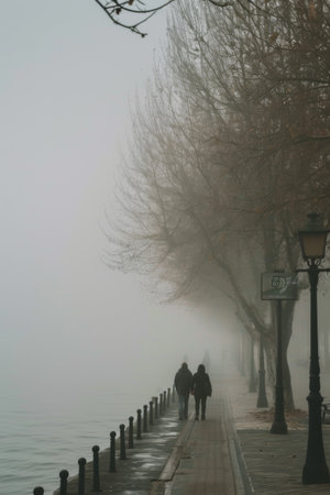 Couple Walking Sidewalk by Waterfrontの素材