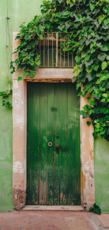 Green wooden door with ivy on the wall, vintage style.の素材