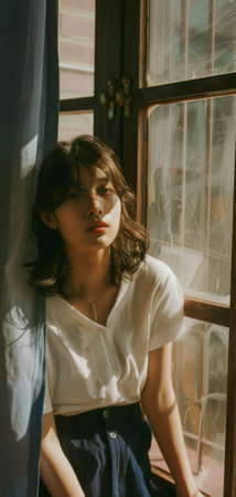 Portrait of a beautiful young asian woman sitting on the windowの素材