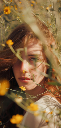 Portrait of a young woman in a yellow field of flowers.の素材