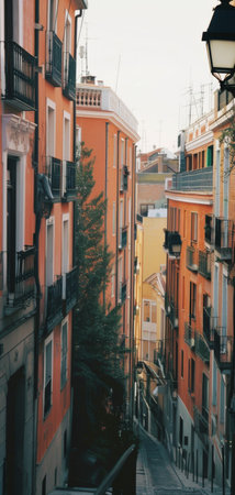 View of a narrow street in the city of Lisbon, Portugal.の素材