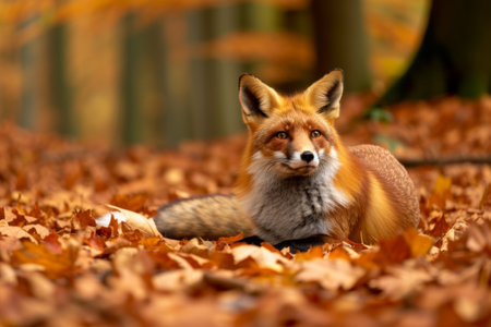 Red Fox Lying on Top of a Pile of Leavesの素材
