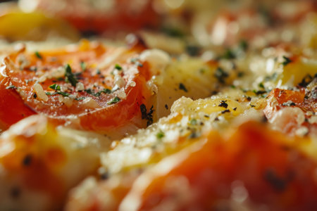 Close Up of Delicious Pizza With Juicy Tomatoes and Melted Cheeseの素材