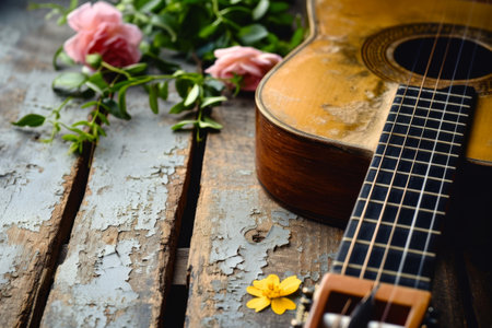 Guitar and Flowers on Wooden Table, Serene Still Life With Music and Natureの素材