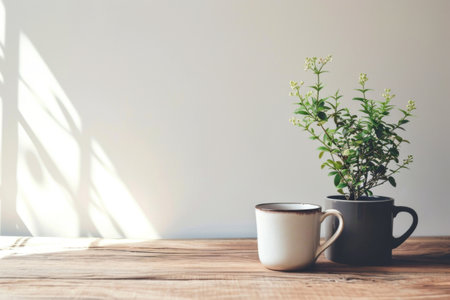 Two Coffee Cups on Wooden Tableの素材