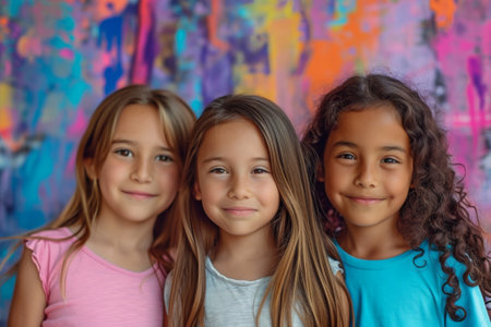 Three Little Girls Standing Together in a Groupの素材