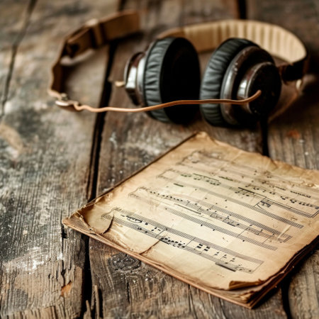 Vintage Book With Headphones Resting on Topの素材