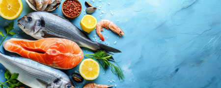Assorted Foods Arranged on Blue Surface - Fish, Lemons, and Moreの素材