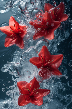 Three Red Flowers Floating in the Waterの素材