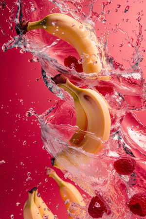 Bunch of Bananas Falling Into Water With Raspberriesの素材