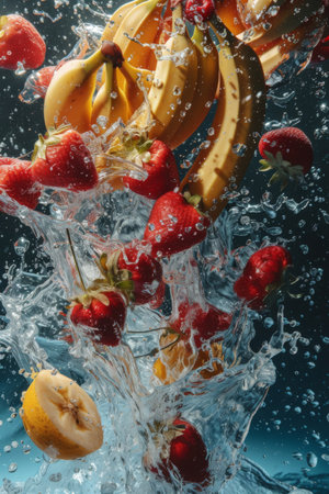 Bananas and Strawberries Splashing Into a Glass of Waterの素材