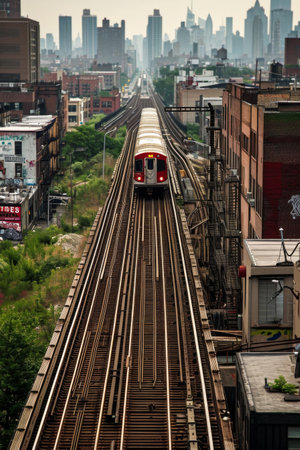Train Traveling Down Train Tracks Next to Tall Buildingsの素材