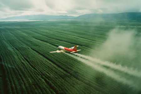 Plane Flying Low Over Fieldの素材