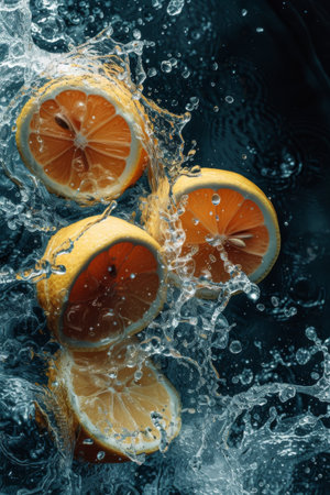 Three Oranges With Water Splashing on Themの素材