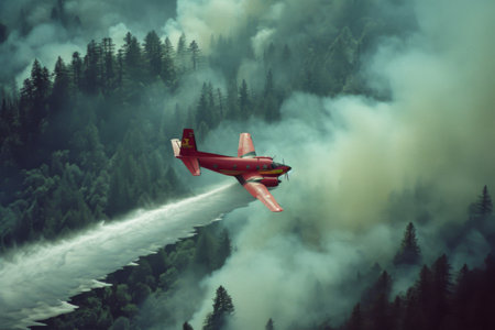 A Red Plane Soaring Above a Smoke-Filled Forestの素材