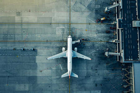 Aerial View of Airplane on Runway, Commercial Aircraft Preparing for Takeoffの素材