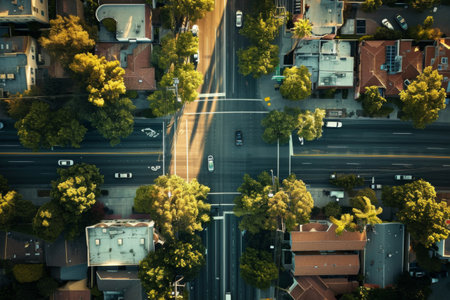 Aerial View of Residential Street With Houses and Treesの素材