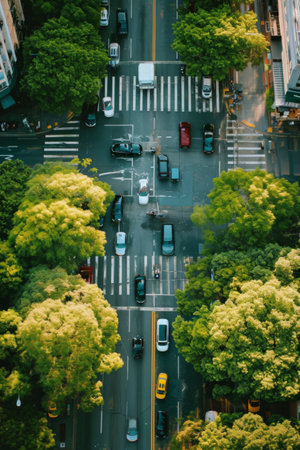 Aerial View of City Street With Cars and Treesの素材