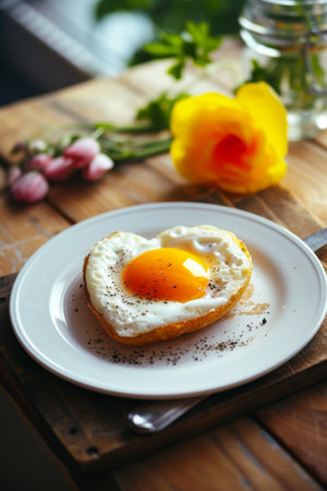 Heart Shaped Fried Egg on a White Plateの素材