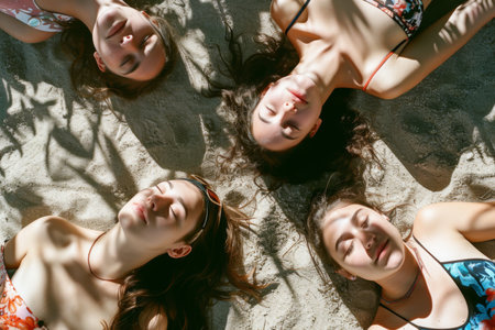 Group of Young Women Laying on Top of a Sandy Beachの素材