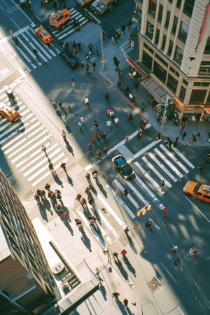 Aerial View of a Bustling City Street With Cars and Pedestriansの素材