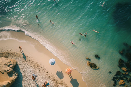 Group of People Enjoying Beach With Umbrellasの素材