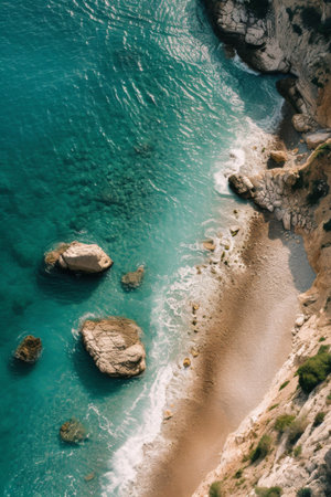 A Breathtaking Aerial View of a Beach and Serene Body of Waterの素材