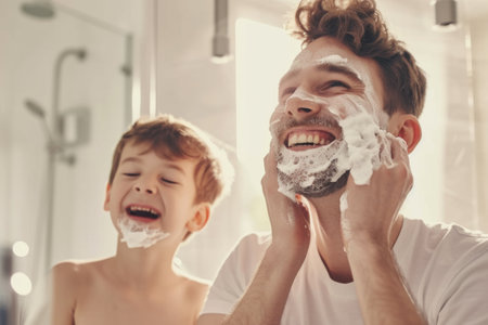 Man Shaving His Face Next to Young Boyの素材
