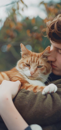 A woman holds a cat close to her chest, gently cradling it in her arms.の素材