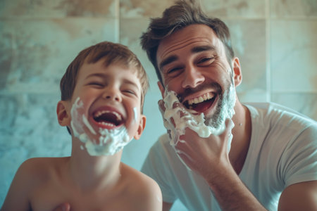 Man Shaving Face Next to Young Boyの素材