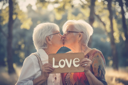 Two Older Women Kissing Each Other While Holding a Signの素材
