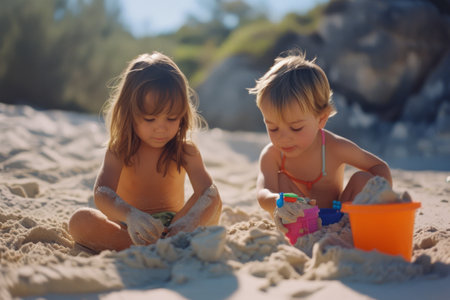 Two Little Girls Playing in the Sand on the Beachの素材