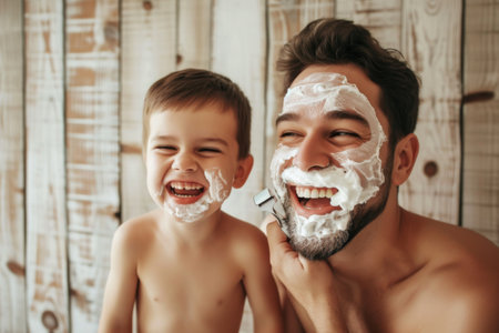 Man Shaving His Face Next to Young Boyの素材