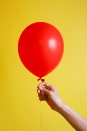 Hand Holding Red Balloon on Yellow Backgroundの素材