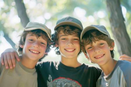 Group of Young Boys Standing Together at a Parkの素材