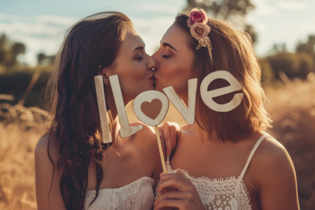 Two Women Kissing Each Other in a Fieldの素材