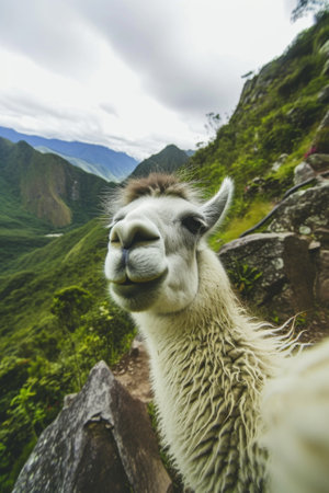 Llama Standing on Top of Lush Green Hillsideの素材