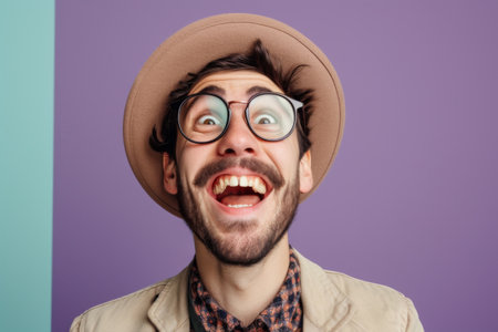 Smiling Man With Glasses and Hat Making a Funny Faceの素材