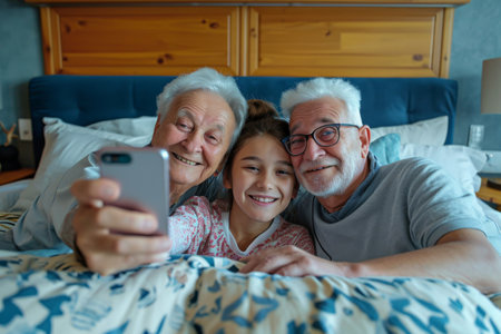 Three Individuals Capturing a Moment Together on a Bedの素材