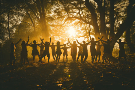 Group of People Standing Together in a Forestの素材