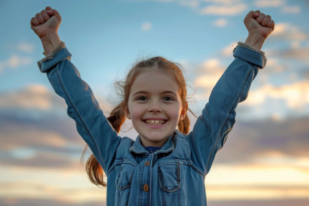 Excited Little Girl Raises Arms in Joyful Celebrationの素材