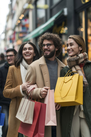 Group of People Walking Down Street With Shopping Bagsの素材