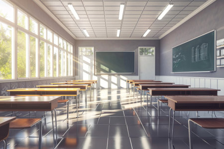 Empty Classroom With Desks and Chalkboard, An Unoccupied Learning Spaceの素材